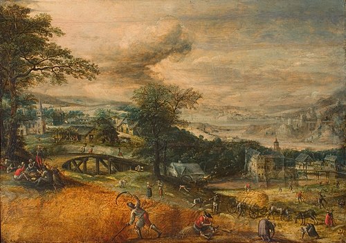 Landscape with harvesting peasants, 1565, Marten van Valckenborch