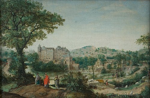 Landschap met de Emmausgangers, 1586, Marten van Valckenborch