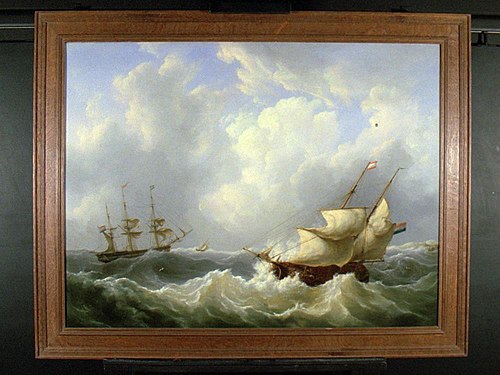 Zeegezicht met kof en koopvaardijfregat, 1845, Martinus Schouman