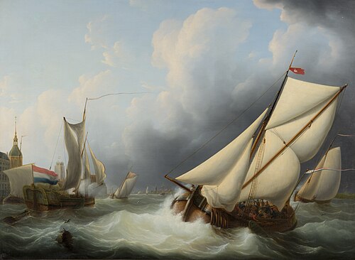 Riviergezicht met het beurtschip de Zwaan bij de Groothoofdspoort te Dordrecht, 1824, Martinus Schouman