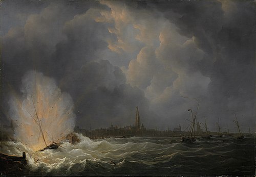 Explosion at Antwerp of Dutch Gunboat No. 2, Commanded by Jan van Speyk, 5 February 1831, 1832, Martinus Schouman