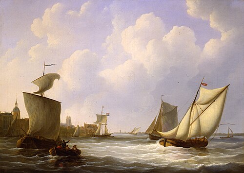 Riviergezicht met schepen voor Dordrecht, rechts op voorgrond het beurtschip op Rotterdam, 1816, Martinus Schouman