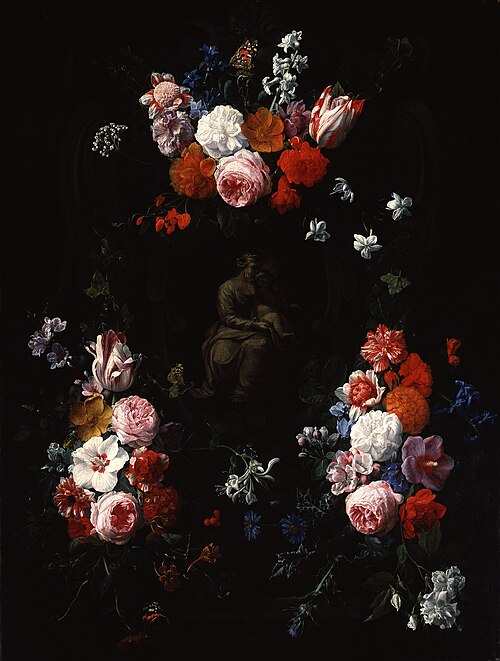Cartouche with flowerfestoons surrounding a depiction of the Virgin mary with the Christ child, 1670, Nicolaes van Verendael