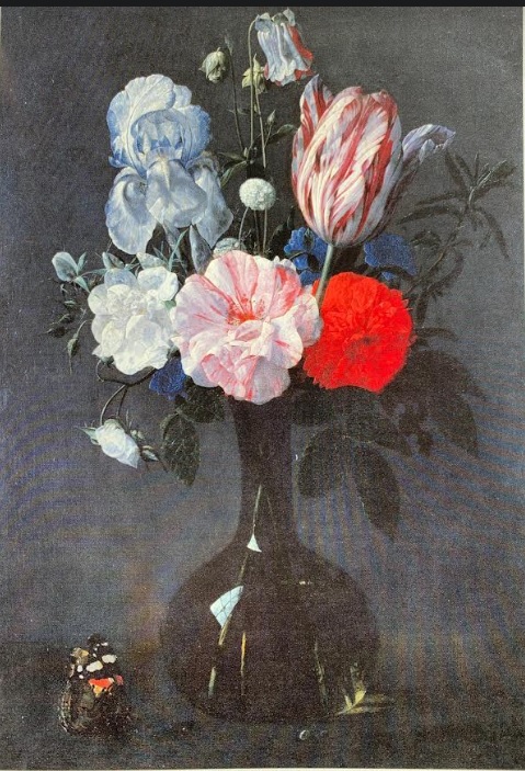 Roses, a tulip and an iris in a glass vase on a stone ledge, 1662, 1662, Nicolaes van Verendael
