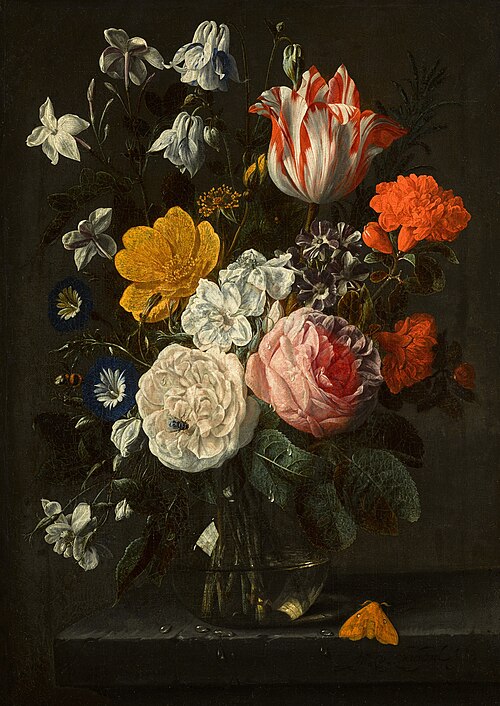 Flowers in a glass vase, with a tiger moth, on a stone ledge, 1671, Nicolaes van Verendael
