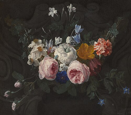 Still life of roses, narcissi, carnations, jasmine and other flowers, 1650, Nicolaes van Verendael