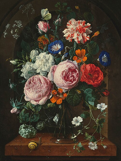 Bouquet of flowers in a glass vase with butterfly, caterpillar and snail, 1670, Nicolaes van Verendael