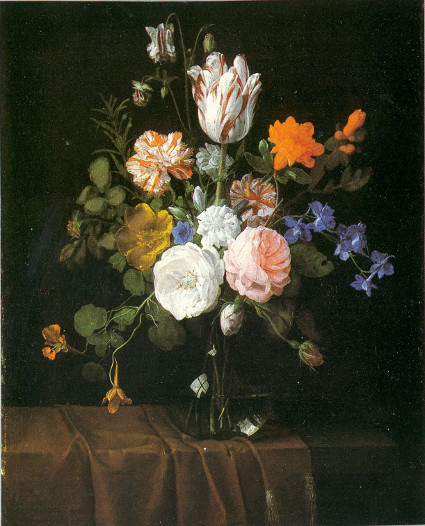Flowers in a glass vase on a partly draped stone ledge, 1660, Nicolaes van Verendael