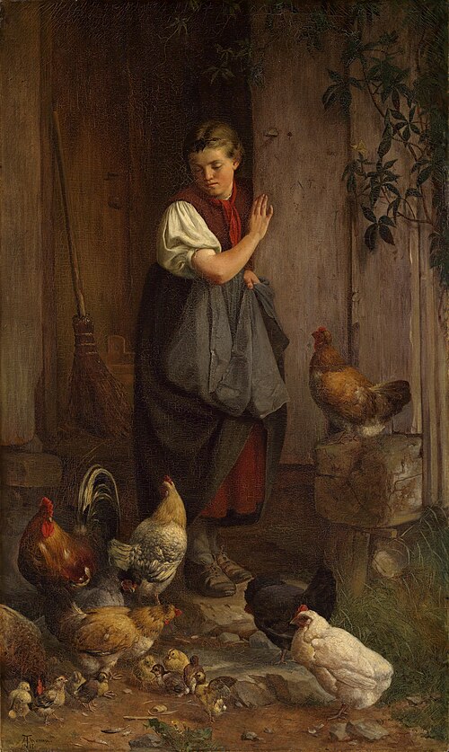 Feeding chickens, 1867, Hans Thoma