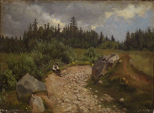 Steiniger Weg am Waldrand mit sitzendem Mann, 1860, Hans Thoma