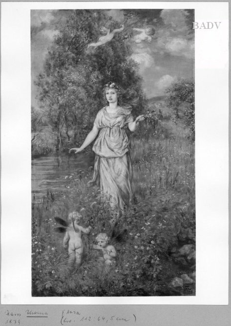 Spring-landscape with young girl and 4 angels, 1879, Hans Thoma
