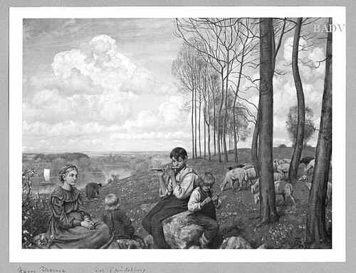 group of young shepherds in landscape, 1894, Hans Thoma