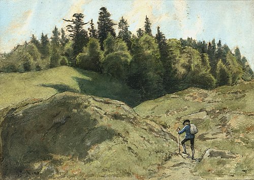 Hikers in a hilly landscape, 1910, Hans Thoma