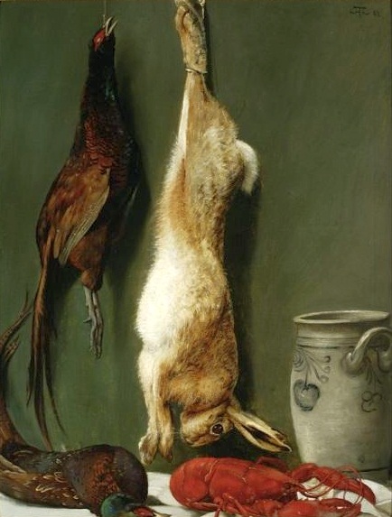 Still life with a hare, pheasants and a lobster., 1889, Hans Thoma