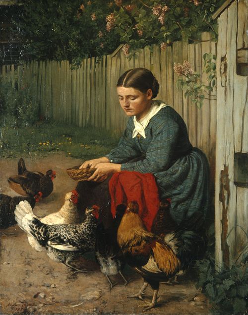 Girl feeding chicken, 1870, Hans Thoma