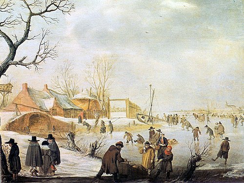 Winter Landscape with Skaters and Stone bridge, 1640, Barend Avercamp