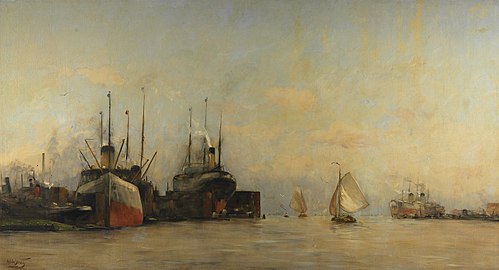Gezicht op het IJ naar het oosten, met de dokken van de Amsterdamsche Droogdok Maatschappij en de ko, 1913, Hobbe Smith
