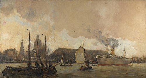 Gezicht op het IJ voor Amsterdam, met de overkapping van het Centraal Station, 1913, Hobbe Smith