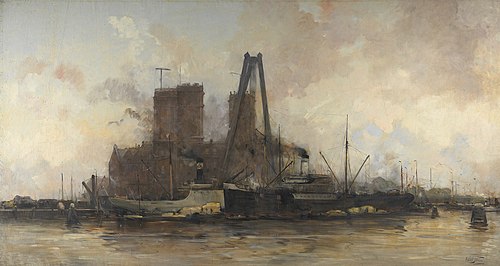 Gezicht op de kop van de Oostelijke Handelskade naar het oosten, met het gebouw van het Koninklijk N, 1913, Hobbe Smith
