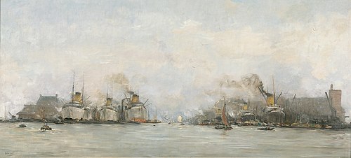 Gezicht op de IJhaven naar het oosten, met aan de kop van het IJ-eiland schepen van de Stoomvaart Ma, 1913, Hobbe Smith