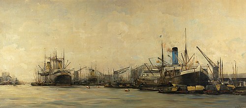 Gezicht op de IJhaven en de Javakade naar het westen, met een “blauwpijper” van de Nederlandsche Sto, 1913, Hobbe Smith