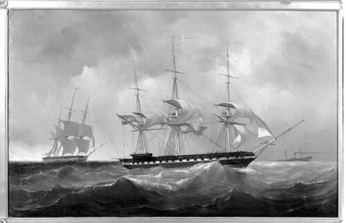 Het fregat Zr.Ms. Rijn op volle zee voor de wind zeilende, 1850, Mauritz de Haas