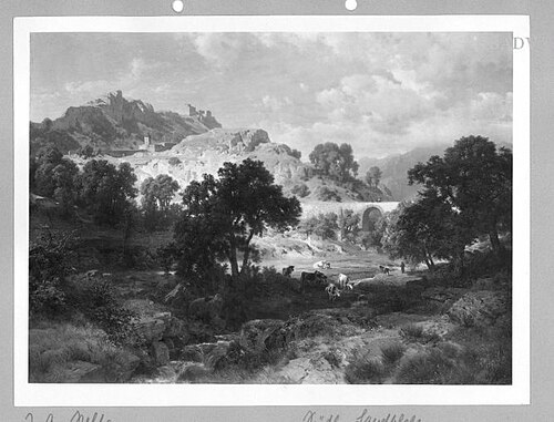 Südliche Landschaft mit Brücke und Kühen, 1871, Johann Gottfried Steffan