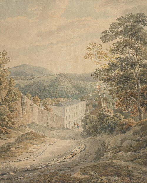 Landscape, Looking Downhill to a Village Dominated by a Large Three-Storied Stone House, , Michael Angelo Rooker