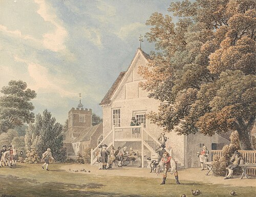 A Game of Bowls on the Bowling Green Outside the Bunch of Grapes Inn, Hurst, Berkshire, , Michael Angelo Rooker
