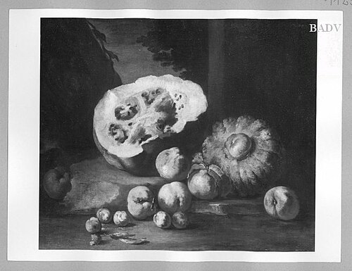 A watermelon, squash, peaches and plums on a stone ground, 1616, Michele Pace del Campidoglio