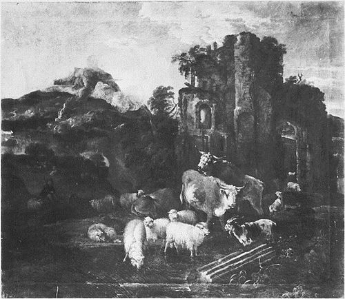 Italianate mountainous landscape with animals near a ruin, 1699, Michiel Carree