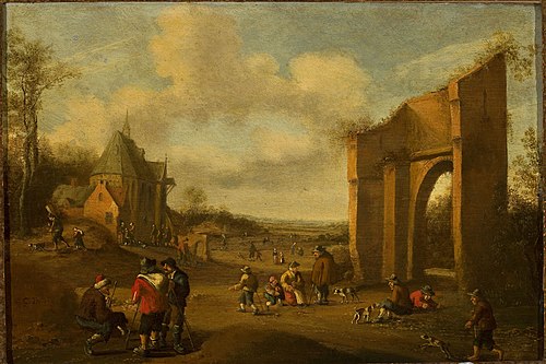 Countryside landscape with peasants, , Cornelis Droochsloot
