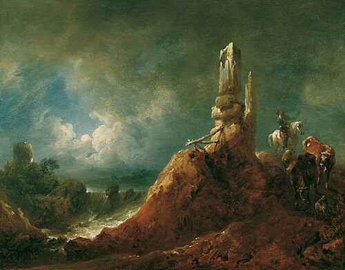 Landscape with ruin and rider in the moonlight, 1771, Johann Christian Brand