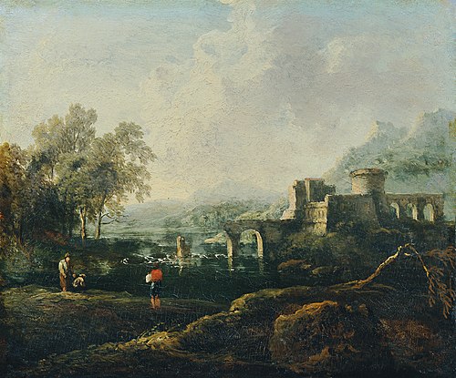 Ideale Landschaft mit Fluss und Brückenruine (Der Morgen), 1775, Johann Christian Brand