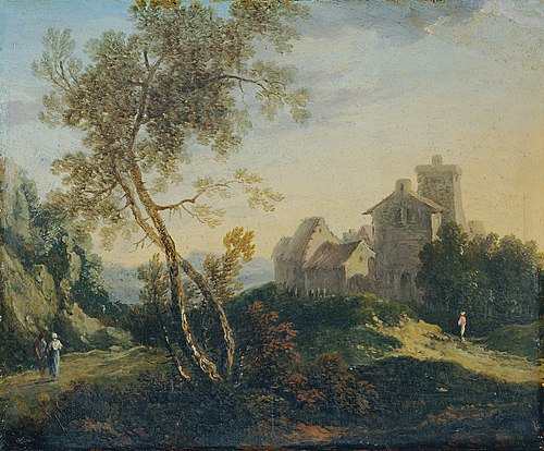 Ideale Landschaft mit Bäumen und befestigtem Dorf (Der Abend), 1775, Johann Christian Brand