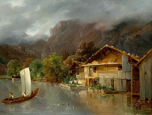 Haus am Brienzersee mit Schiff und Enten, 1832, François Diday