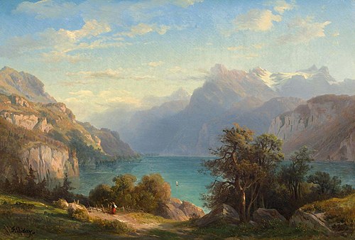 Blick auf den Vierwaldstättersee und den Urirotstock vom Axenberg aus gesehen, 1874, François Diday