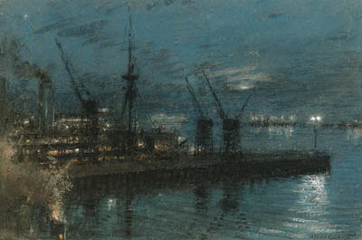 H.M.S. Kent - Night at Cape Town, South Africa, 1917, Albert Goodwin