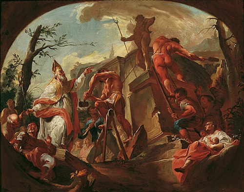 Der heilige Cassian von Imola stürzt die Statue des Pluto auf Säben, 1752, Paul Troger