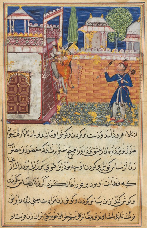 The deceitful wife returns to her terrace after caressing her lover, from a Tuti-nama (Tales of a Pa, 1560, 