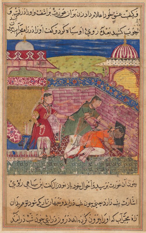The deceitful wife ejects the procuress after blackening her face, from a Tuti-nama (Tales of a Parr, 1560, 