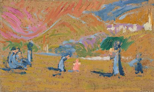 Herbstsonne. (Annetta mit Bruno, Ottilia und Kindern. Studie), 1908, Giovanni Giacometti