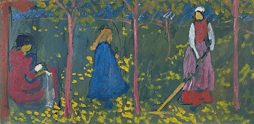 Figuren unter Bäumen. Studie für die Bemalung des Ofens in Stampa, 1907, Giovanni Giacometti