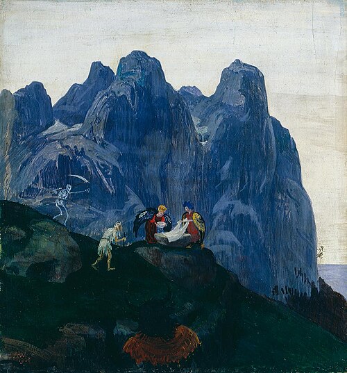 Berglandschaft mit Einsiedler, Engeln, Tod und Teufel, 1908, Albert Welti