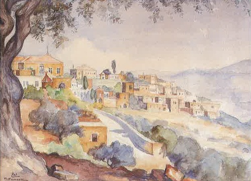A View of Deir Al-Qamar from Baaqline, 1936, Moustafa Farroukh