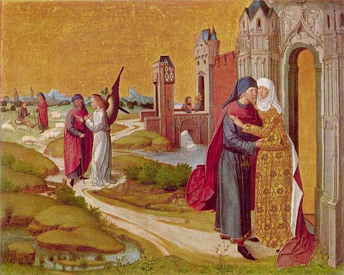 The Life of Mary: Joachim meets Anna at the Golden Gate; in the background the Annunciation of the b, 1460, Maître de la Vie de Marie