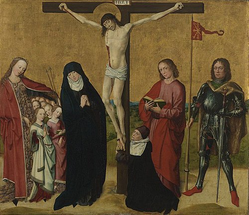 Christus am Kreuz mit den hll. Maria, Johannes Ev., Ursula, Hippolytus und dem Stifter Bernardus de , 1466, Maître de la Vie de Marie