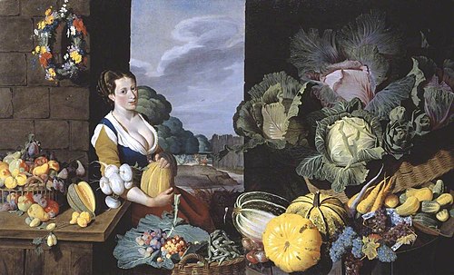 Cookmaid with Still Life of Vegetables and Fruit, 1622, Nathaniel Bacon