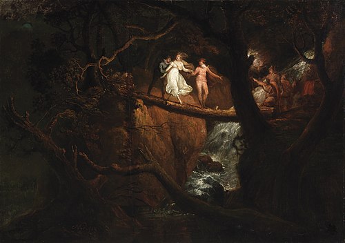 Lady Blanche Crosses the Ravine Guided by the Count and Saint Foix (a Scene from 'The Mysteries of U, 1797, Nathaniel Grogan