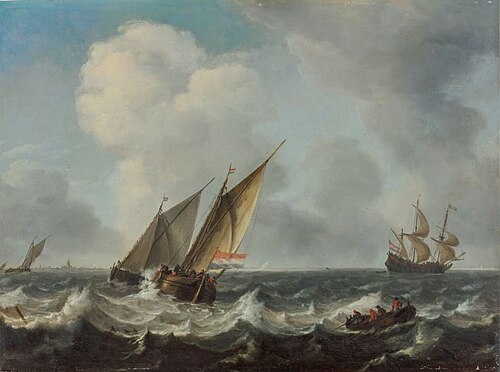 Two boats on stormy sea, 1700, Arnoldus van Anthonissen